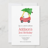 冬のクリスマス　赤い小さな車とツリーの誕生日 招待状 (正面)