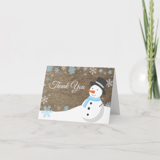 冬のクリスマス 雪だるま 青い麻布 サンキューカード (正面)