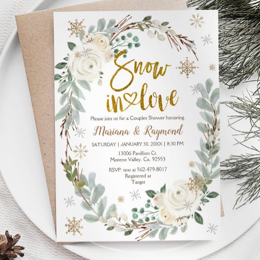 冬のクリーミーなフローラスノーインラブカップルのシャワー 招待状