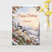 冬のクロシロエナガと雪の誕生日 カード (黄色い花)
