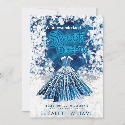 冬のクールワンダーランドタイポグラフィスウィート16 招待状 (正面)