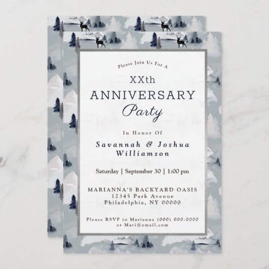 冬のグレーの鹿の風景アニバーサリー 招待状 (正面/裏面)