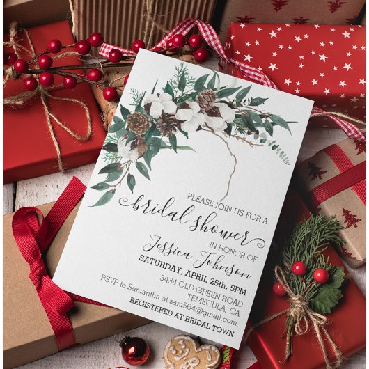 冬のコットン グリーンのブライダルシャワー 招待状