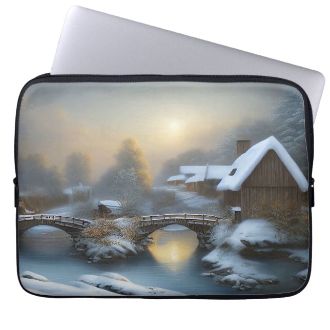 冬のコテージシーンラップトップスリーブ ラップトップスリーブ (正面)