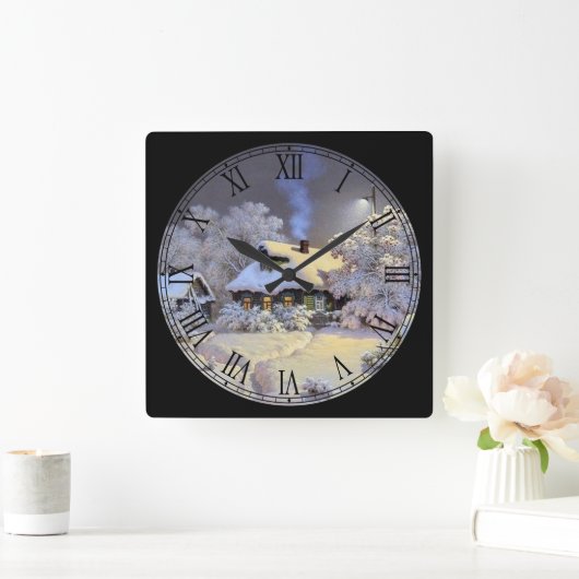 冬のコテージファインアートローマ数字 スクエア壁時計 (ホーム)