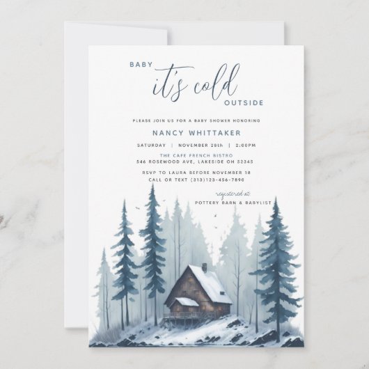 冬のコテージベビー外の赤ちゃんシャワーは寒い 招待状 (正面)