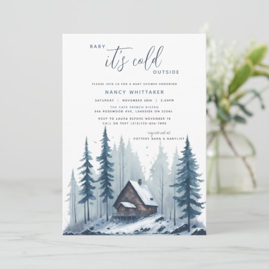 冬のコテージベビー外の赤ちゃんシャワーは寒い 招待状 (スタンド正面)