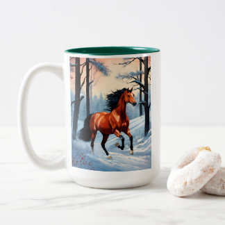 冬のコーヒーマグ | 雪の馬のデザインカップ ツートーンマグカップ