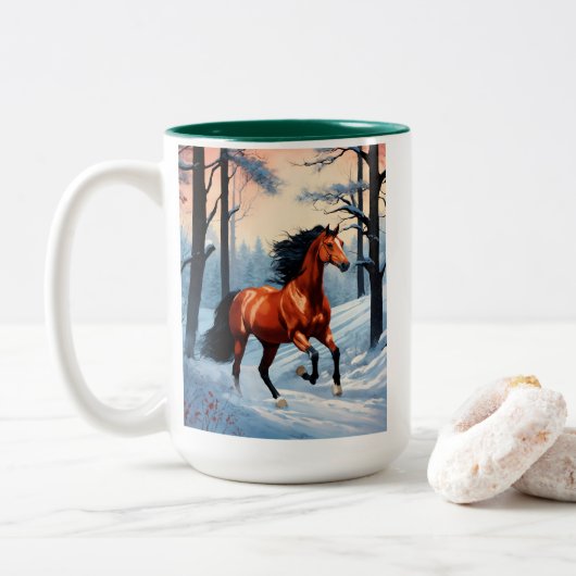 冬のコーヒーマグ | 雪の馬のデザインカップ ツートーンマグカップ (ドーナツ)