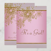 冬のゴールドピンクの雪の結晶 赤ちゃん女の子のシャワー 招待状 (正面/裏面)