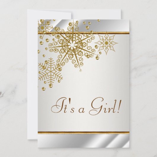 冬のゴールドホワイトの雪の結晶のベビーガールシャワー 招待状 (正面)