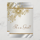 冬のゴールドホワイトの雪の結晶のベビーガールシャワー 招待状 (正面/裏面)