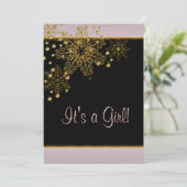 冬のゴールド ブラック ピンクの雪の結晶 赤ちゃん女の子のシャワー 招待状 (スタンド正面)