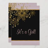 冬のゴールド ブラック ピンクの雪の結晶 赤ちゃん女の子のシャワー 招待状 (正面/裏面)