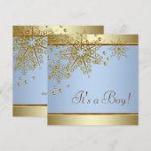 冬のゴールド ブルー 雪の結晶 赤ちゃん男の子 シャワーパーティー 招待状 (正面/裏面)
