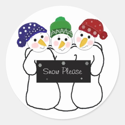 冬のサインが書かれた3体の雪だるま ラウンドシール (正面)