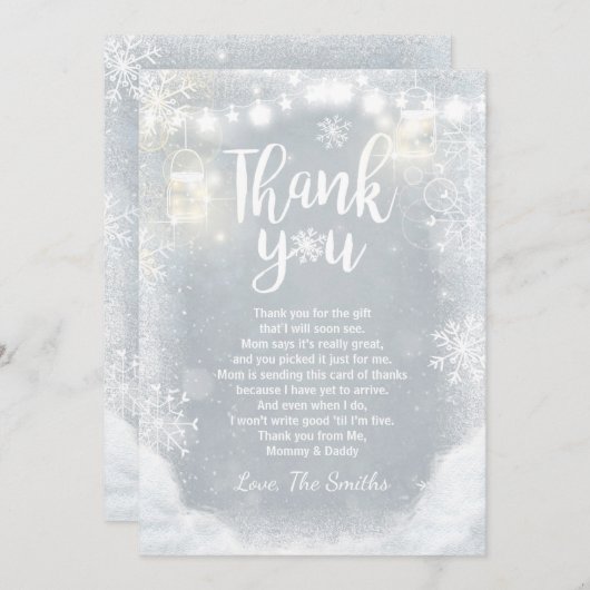 冬のサンキューカードのベビーシャワーの雪の木製の灰色 サンキューカード (正面/裏面)