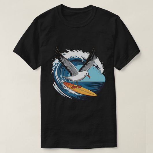 冬のサーファーカモメ、カモメのサーフィン Tシャツ (デザイン正面)
