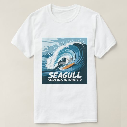 冬のサーファーカモメ、カモメサーフィン、カモメ Tシャツ (デザイン正面)