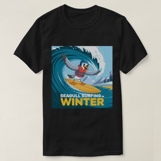冬のサーファーカモメ、カモメサーフィン、カモメ Tシャツ (デザイン正面)