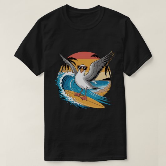 冬のサーファーカモメ、面白いカモメのサーフィン Tシャツ (デザイン正面)