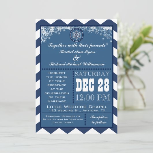 冬のシェブロン模様スノーフレーク結婚式の招待 招待状 (スタンド正面)