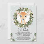 冬のシカのベビーシャワーの緑の草木は雪片を包みます 招待状 (正面)