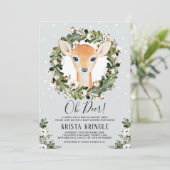 冬のシカのベビーシャワーの緑の草木は雪片を包みます 招待状 (スタンド正面)