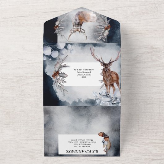 冬のシカ結婚の国の森林雪の森A オールインワン招待状 (外側)