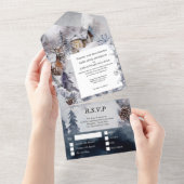 冬のシカ結婚の国の森林雪の森A オールインワン招待状 (貼ってはがせる)