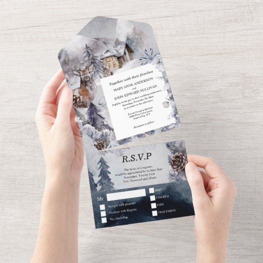冬のシカ結婚の国の森林雪の森A オールインワン招待状 (貼ってはがせる)
