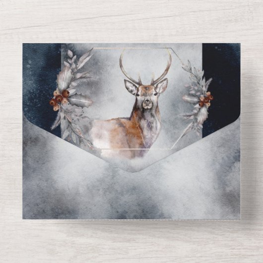 冬のシカ結婚の国の森林雪の森A オールインワン招待状 (裏面)