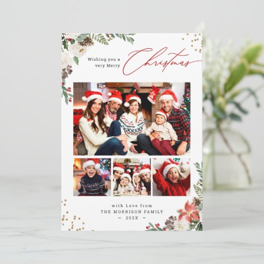 冬のシックな植物性フローラ4フォトクリスマス シーズンカード (スタンド正面)