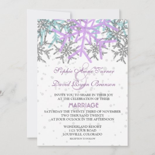 冬のシルバーパープルブルー雪結婚片 招待状 (正面)