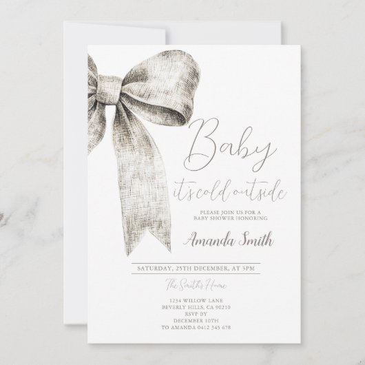 冬のシルバーボウタイ赤ちゃんシャワー雪 招待状 (正面)