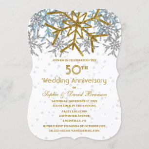 冬のシルバー ゴールド 雪の結晶 50周年 結婚式パーティー 招待状