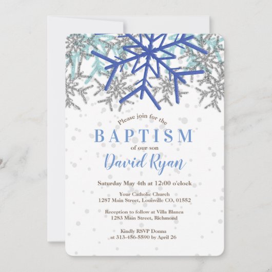 冬のシルバー ネイビーブルー 雪の結晶 洗礼招待状 招待状 (正面)