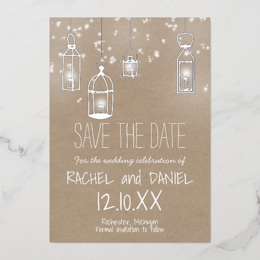 冬のシルバー ランタン Save the Date ポストカード (正面)