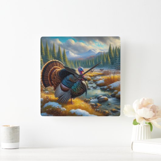 冬のシーズン最初の雪の野生のトルコ スクエア壁時計 (ホーム)