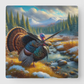 冬のシーズン最初の雪の野生のトルコ スクエア壁時計 (正面)