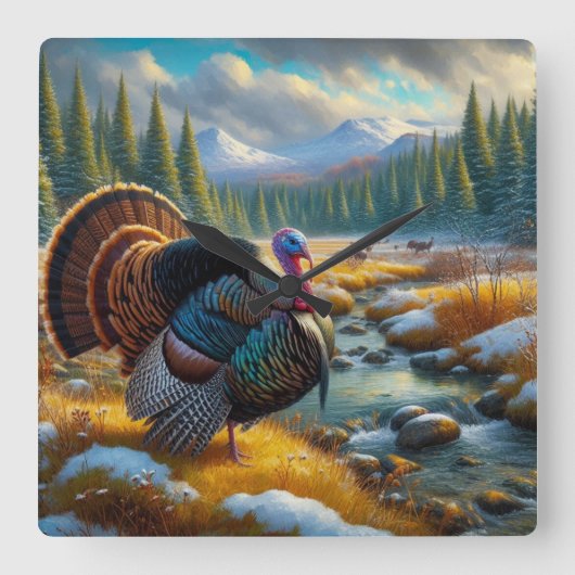 冬のシーズン最初の雪の野生のトルコ スクエア壁時計 (正面)