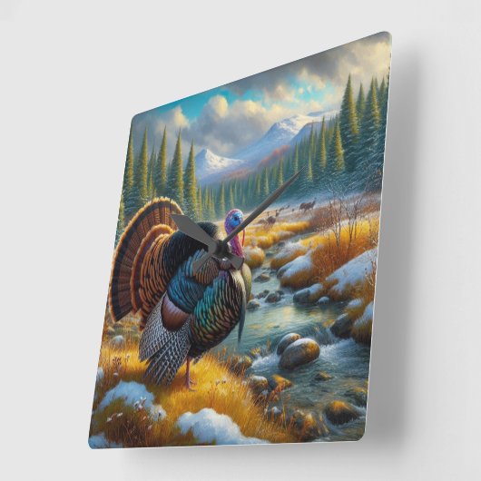 冬のシーズン最初の雪の野生のトルコ スクエア壁時計 (傾斜)