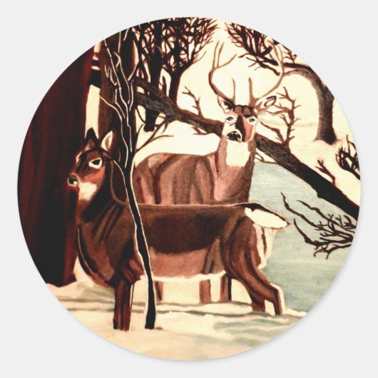 冬のシールの白い尾の鹿 ラウンドシール (正面)