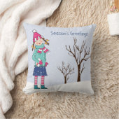 冬のシーンで手で描く少女 クッション (ブランケット)