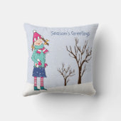 冬のシーンで手で描く少女 クッション (裏面)