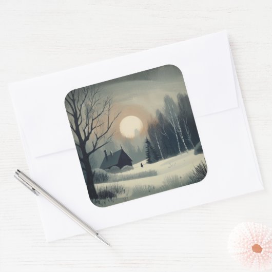 冬のシーンと雪のヴィンテージまたはレトロスタイル スクエアシール (封筒)