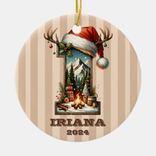 冬のシーンを含む素朴ホリデーレターI セラミックオーナメント (正面)