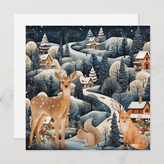 冬のシーンクリスマスウッドランド動物フラット サンキューカード (正面/裏面)