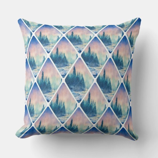 冬のシーンタイル松の木の森ピンクの空 クッション (正面)