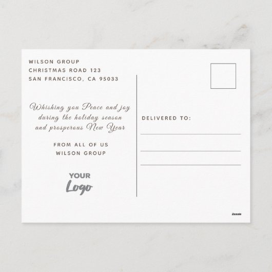 冬のシーン平和と喜び企業ののロゴホリデー シーズンポストカード (裏面)